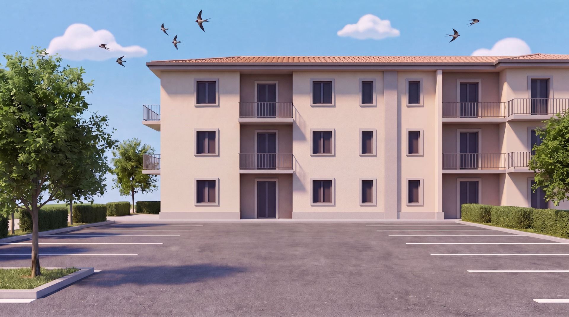 Parcheggio davanti a un condominio italiano in stile cartoon 3D — scenario tipico interventi Isoledil